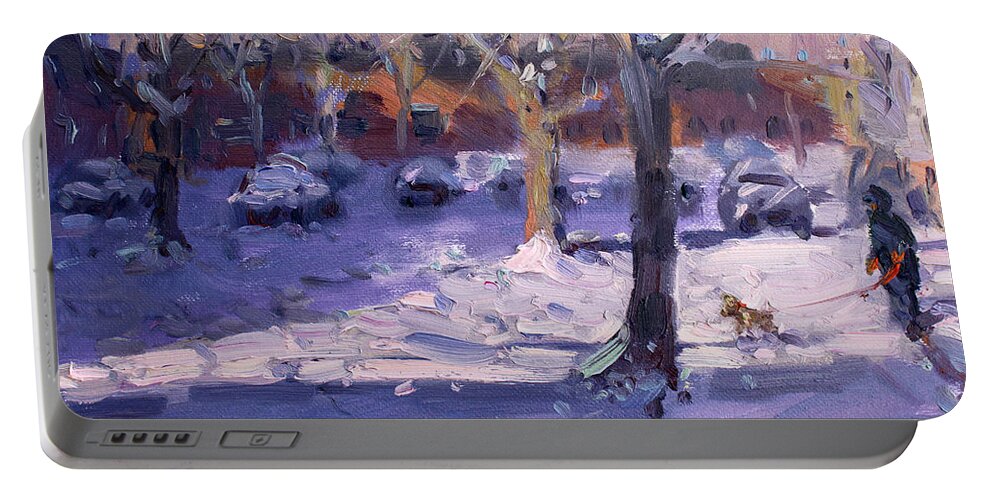 Winter Portable Battery Charger featuring the painting Winter Morning in my Courtyard by Ylli Haruni