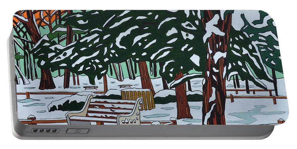 Valley Stream Portable Battery Charger featuring the painting Winter on State Park Bench by Mike Stanko