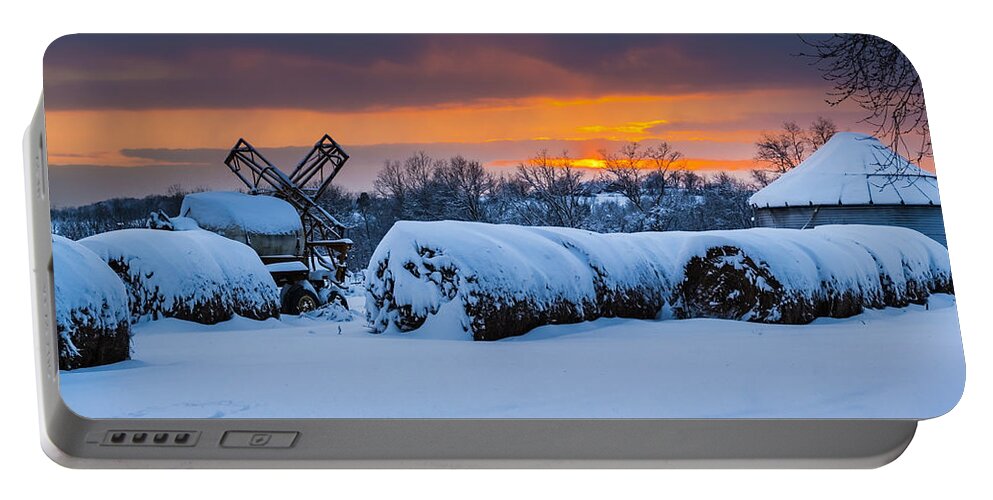 Snow Portable Battery Charger featuring the photograph Winter Sunset on the Farm by Holden The Moment