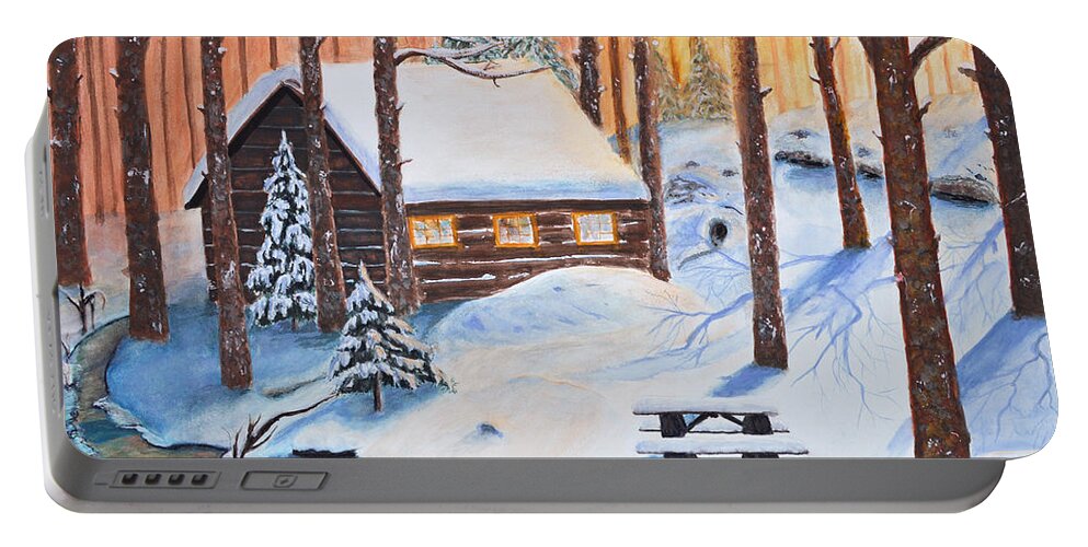 Ski Portable Battery Charger featuring the painting Winters escape by Ken Figurski