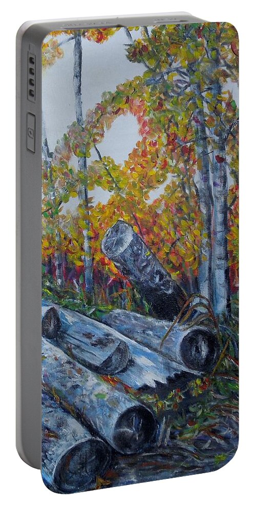 Logs Portable Battery Charger featuring the painting Winter's firewood by Marilyn McNish