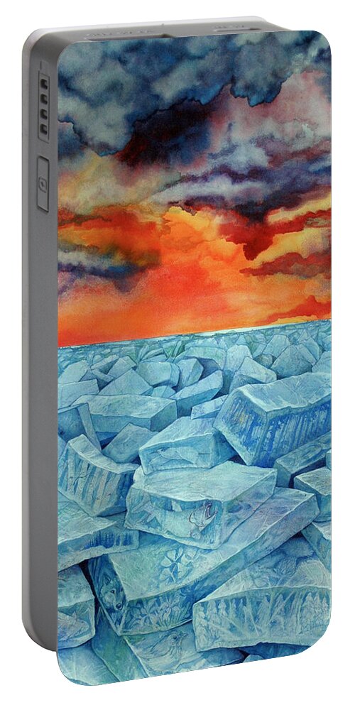 Ice Portable Battery Charger featuring the painting Winter's Warning by Helen Klebesadel