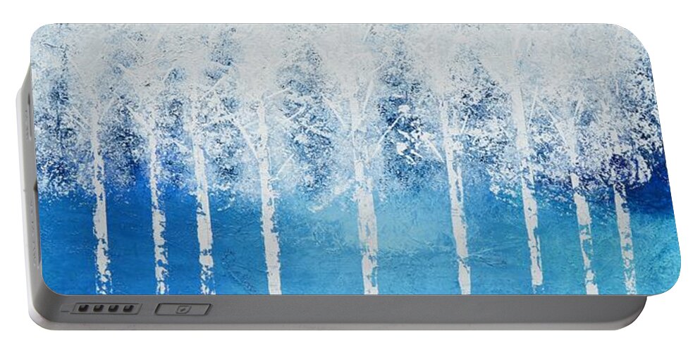 White Trees Portable Battery Charger featuring the painting Wintry Mix by Linda Bailey