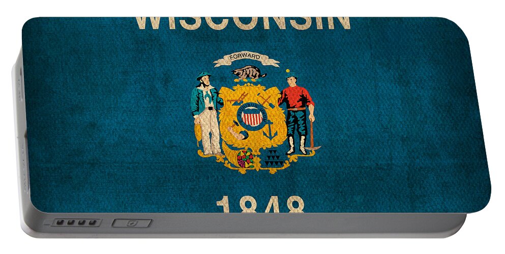Wisconsin Portable Battery Charger featuring the mixed media Wisconsin State Flag Art on Worn Canvas by Design Turnpike