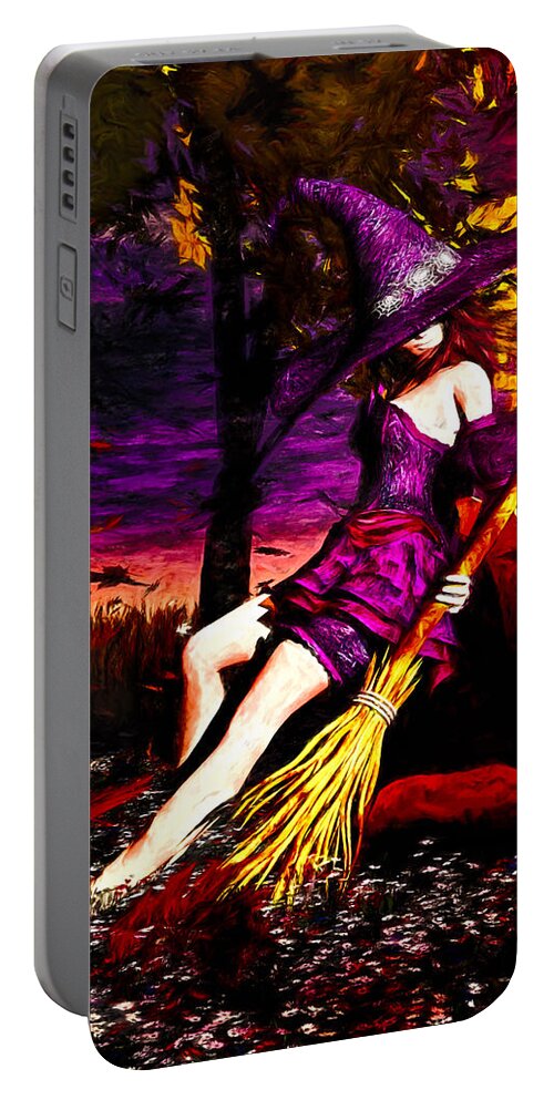 Pumpkin Patch Portable Battery Charger featuring the painting Witch in the pumpkin patch by Bob Orsillo
