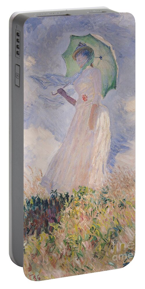 Woman With Parasol Turned To The Left Portable Battery Charger featuring the painting Woman with Parasol turned to the Left by Claude Monet