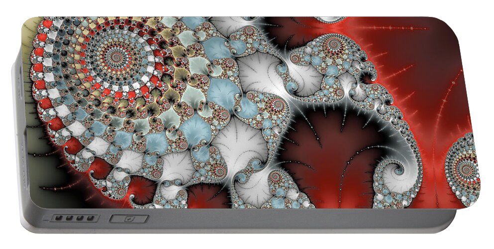 Spiral Portable Battery Charger featuring the digital art Wonderful abstract fractal spirals red grey yellow and light blue by Matthias Hauser