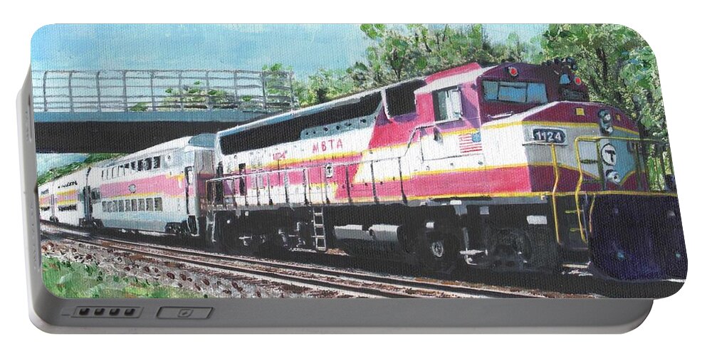 Mbta Portable Battery Charger featuring the painting Worcester Bound T Train by Cliff Wilson