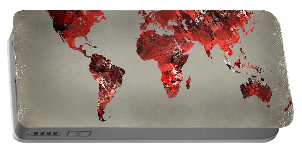 Popular Portable Battery Charger featuring the digital art World Map - watercolor red-black-gray by Paulette B Wright