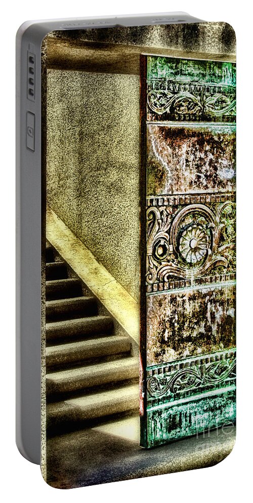 Bronze Portable Battery Charger featuring the photograph Wrigley's Tower Bronze Doors by Diana Sainz by Diana Raquel Sainz