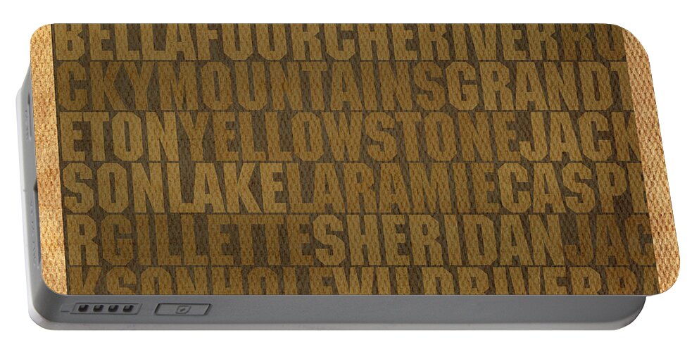 Wyoming Word Art State Map On Canvas Cheyenne Sheridan Rocky Mountains Laramie Yellowstone Grand Teton Portable Battery Charger featuring the mixed media Wyoming Word Art State Map on Canvas by Design Turnpike