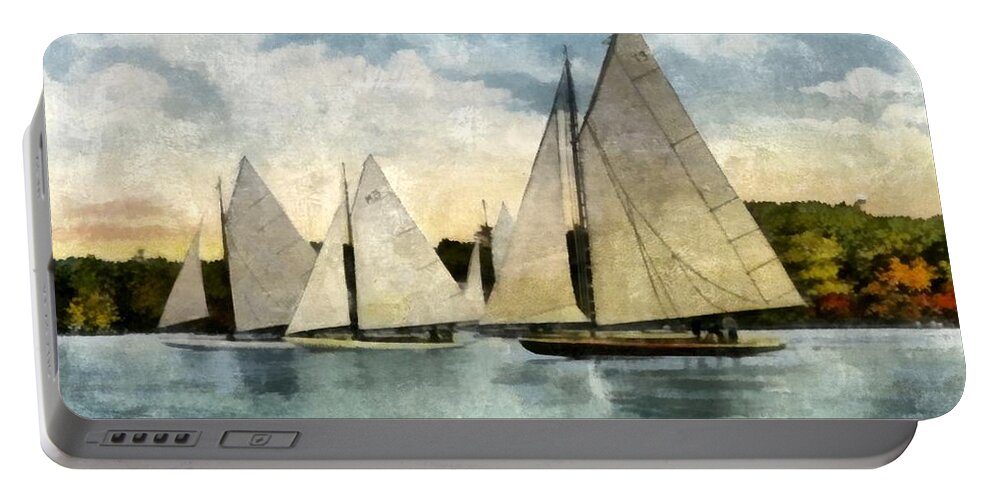 Sailboats Portable Battery Charger featuring the digital art Yachting in Saugatuck by Michelle Calkins