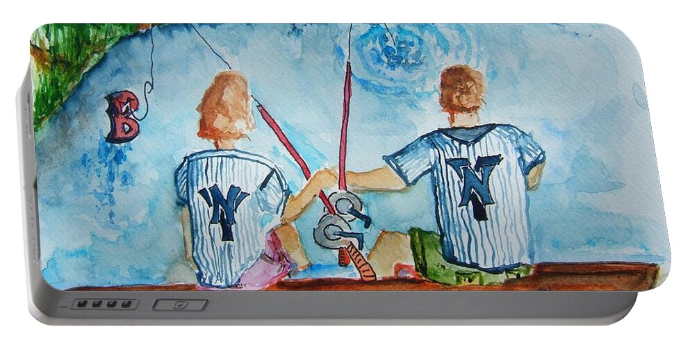 Yankee Portable Battery Charger featuring the painting Yankee Fans Day Off by Elaine Duras