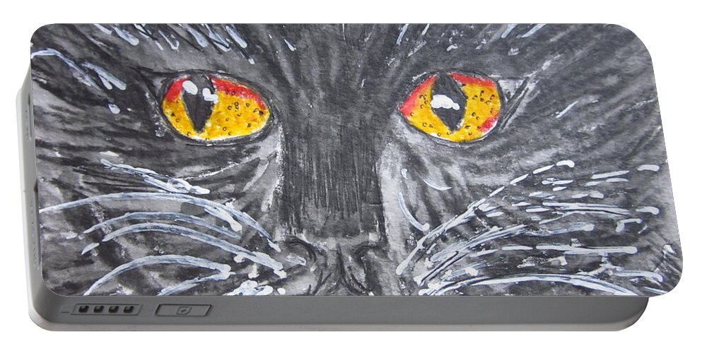 Yellow Eyes Portable Battery Charger featuring the painting Yellow Eyed Black Cat by Kathy Marrs Chandler