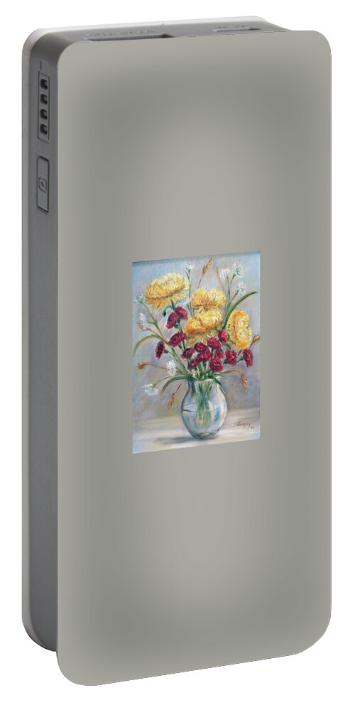 Luczay Portable Battery Charger featuring the painting Yellow mums by Katalin Luczay