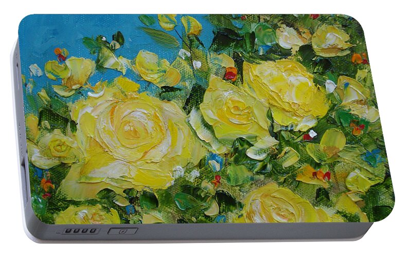 Yellow Portable Battery Charger featuring the painting Yellow Roses by Judith Rhue