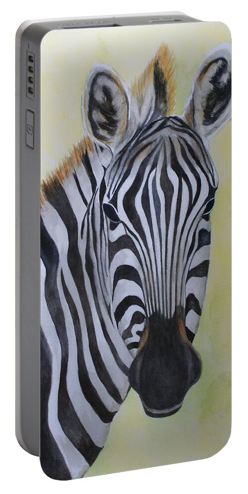 Zebra Portable Battery Charger featuring the painting Yipes Stripes by Jill Ciccone Pike