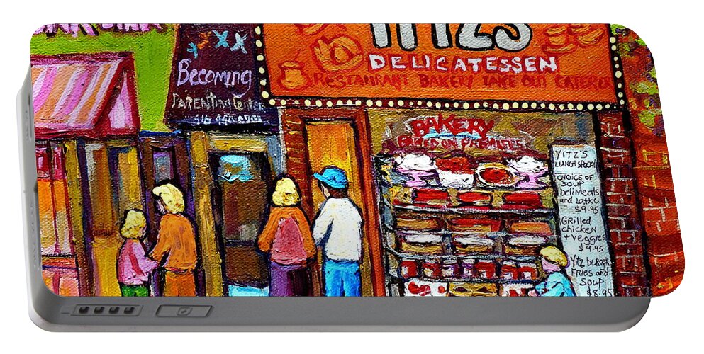 Yitzs Portable Battery Charger featuring the painting Yitzs Deli Toronto Restaurants Cafe Scenes Paintings Of Toronto Landmark City Scenes Carole Spandau by Carole Spandau
