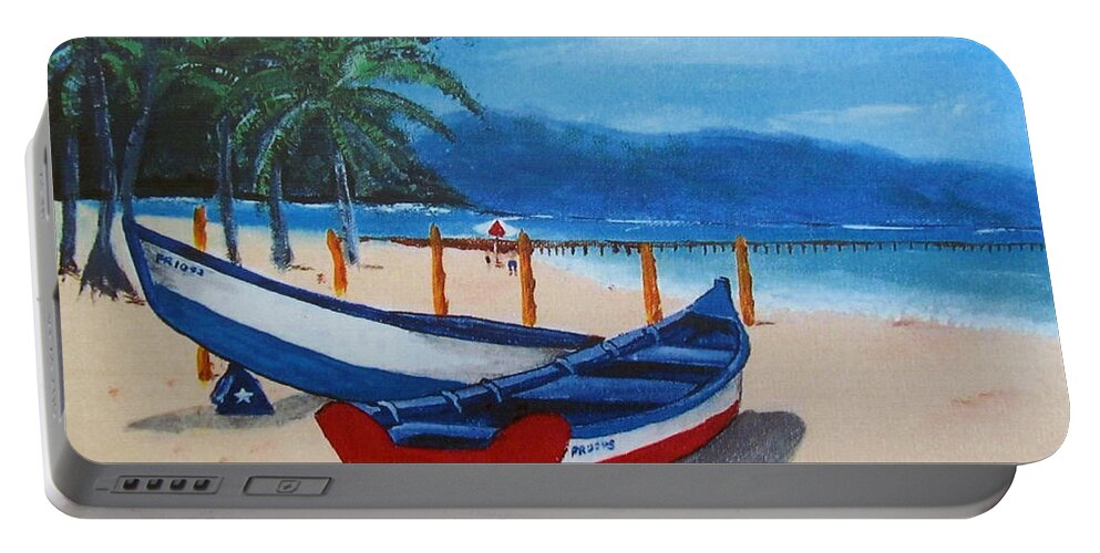 Yolas Portable Battery Charger featuring the painting Yolas At Crashboat Beach by Luis F Rodriguez
