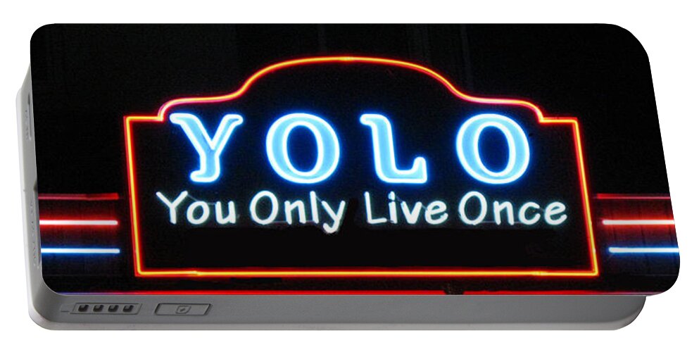 Yolo Portable Battery Charger featuring the photograph YOLO You Only Live Once neon light design by Tom Conway