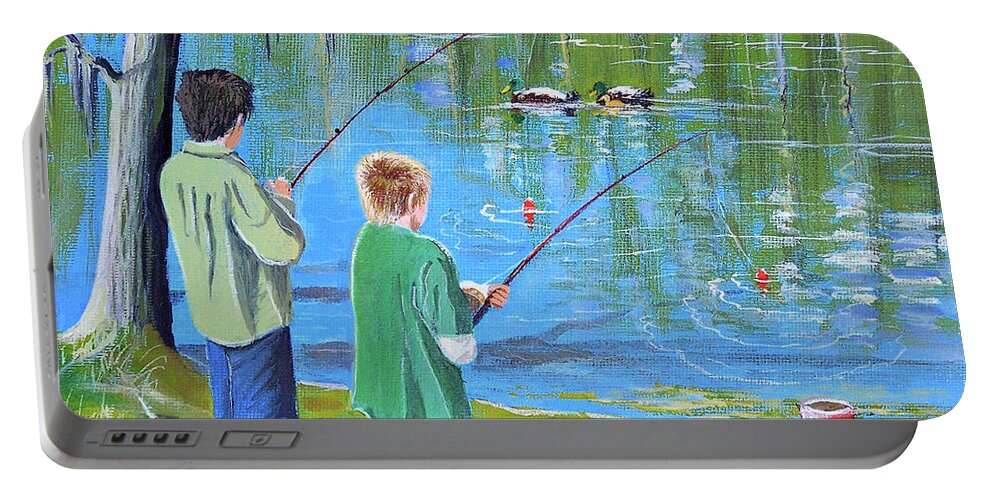 Fishing Portable Battery Charger featuring the painting Young Lads Fishing by Bill Holkham