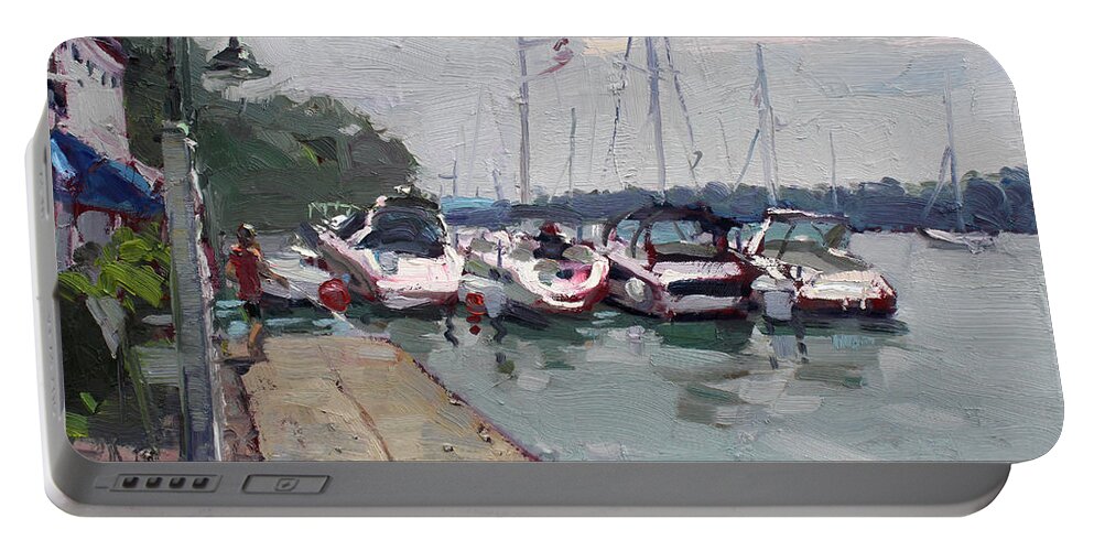 Youngstown Yachts Portable Battery Charger featuring the painting Youngstown Yachts by Ylli Haruni