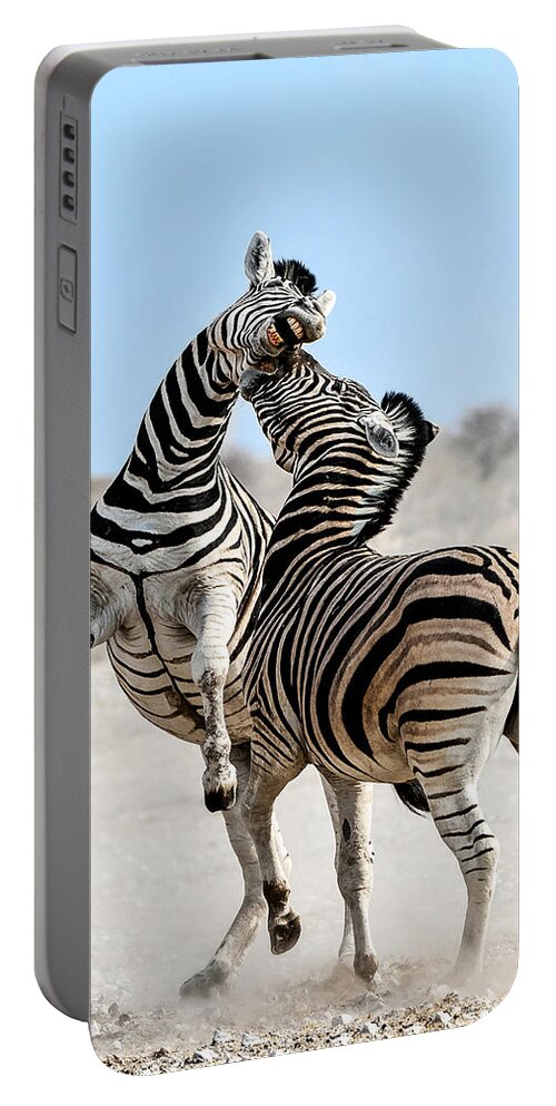 Nis Portable Battery Charger featuring the photograph Zebra Stallions Fighting In Etosha Np by Peter Delaney