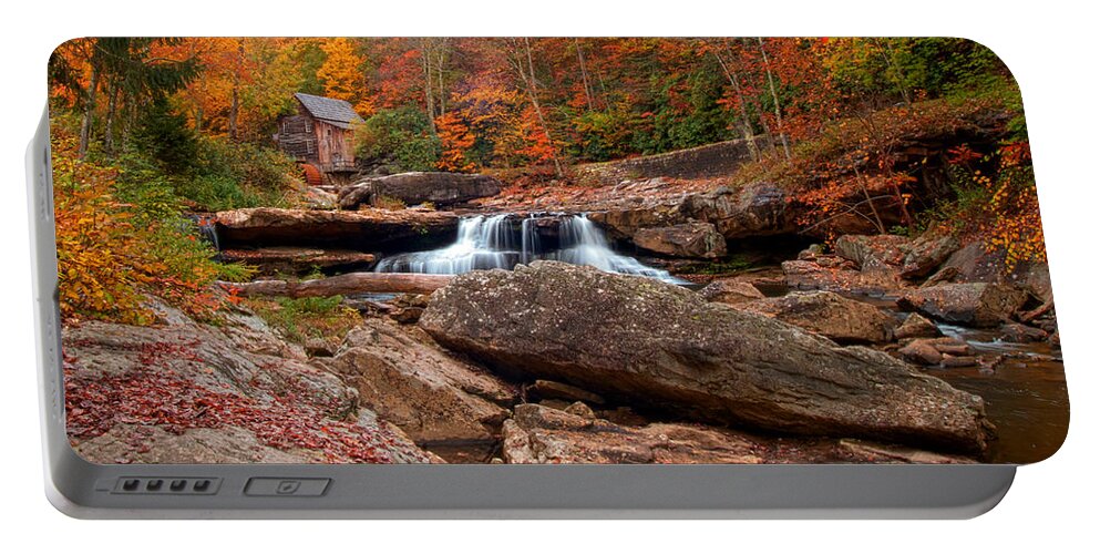 Glade Creek Portable Battery Charger featuring the photograph autumn leaves at the Mill by Randall Branham