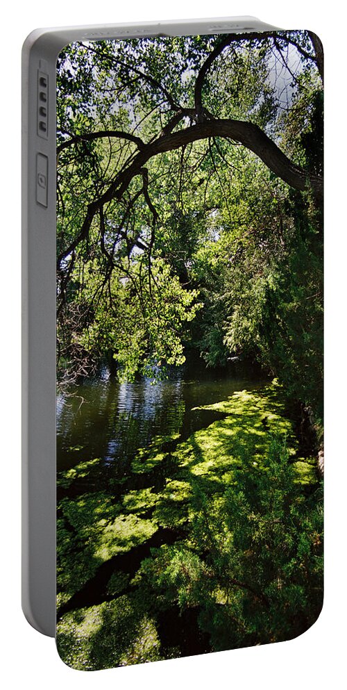 Santa Fe Portable Battery Charger featuring the photograph Lake With Cottonwoods by Ron Weathers