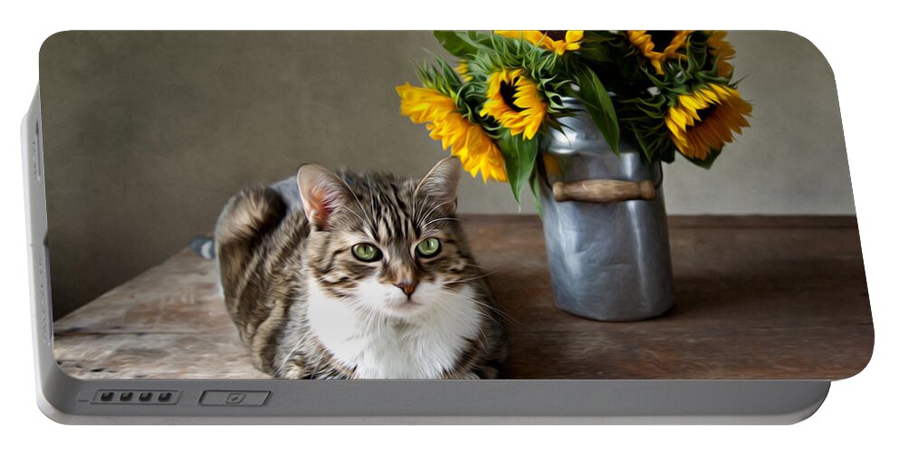 Cat Portable Battery Charger featuring the photograph Cat and Sunflowers by Nailia Schwarz