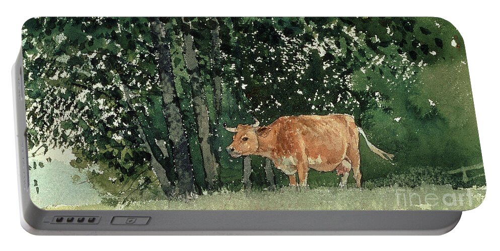 Cow In Pasture Portable Battery Charger featuring the painting Cow in Pasture by Winslow Homer