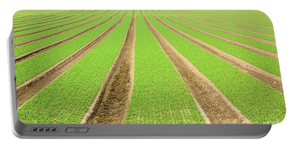 Agricultural Portable Battery Charger featuring the photograph Farmland furrows in perspective #1 by Simon Bratt