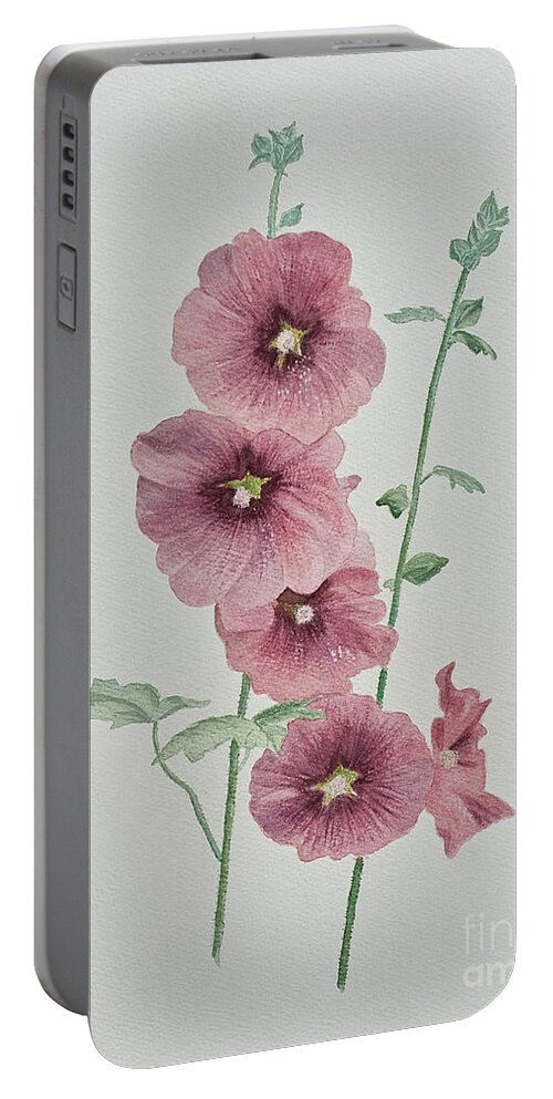 Hollyhocks Portable Battery Charger featuring the painting Hollyhocks #1 by Barbara McMahon