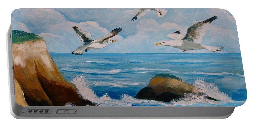 Sea Portable Battery Charger featuring the painting Seagulls #2 by Jean Pierre Bergoeing