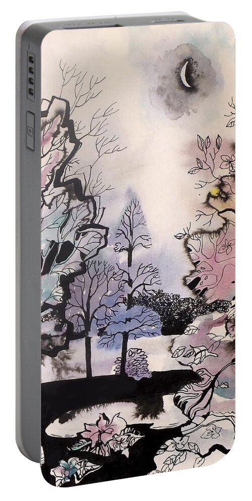 Landscape Portable Battery Charger featuring the painting There are no strangers under the blossom of cherry tree by Valentina Plishchina