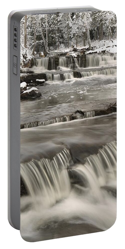 Cascade Portable Battery Charger featuring the photograph Waterfalls With Fresh Snow Thunder Bay #1 by Susan Dykstra