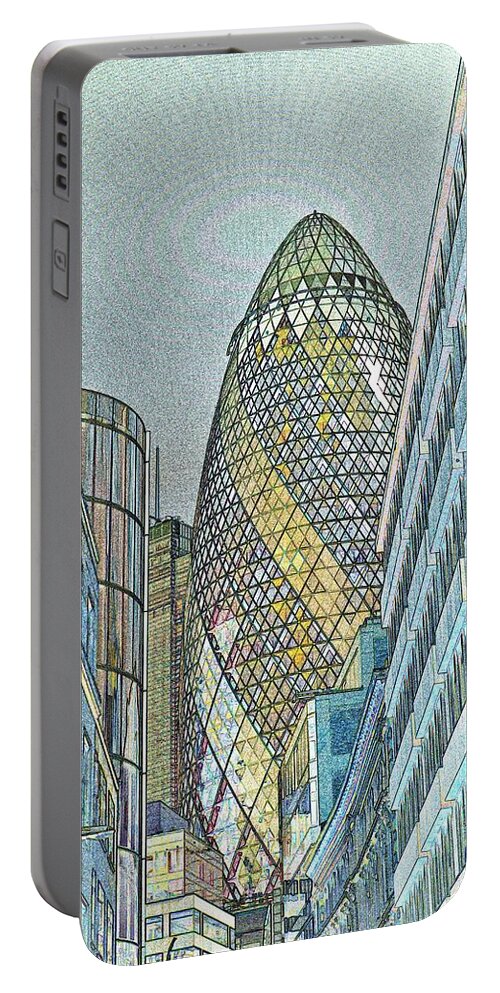 The Gherkin Portable Battery Charger featuring the digital art The Gherkin London #10 by David Pyatt