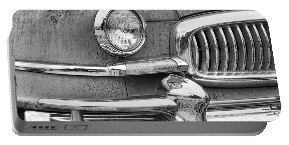 1951 Portable Battery Charger featuring the photograph 1951 Nash Ambassador Front End Closeup BW by James BO Insogna
