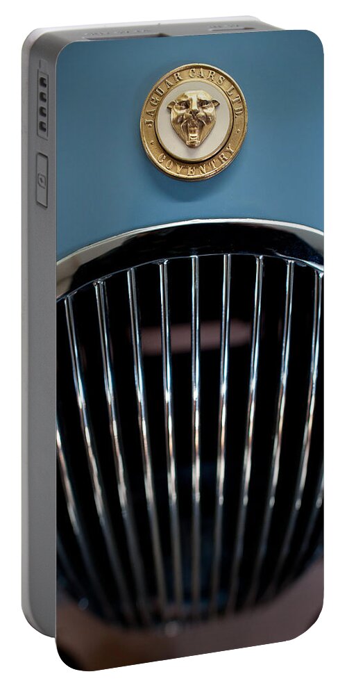 1952 Jaguar Xk120 Mark Vii Roadster Portable Battery Charger featuring the photograph 1952 Jaguar Hood Ornament and Grille by Sebastian Musial