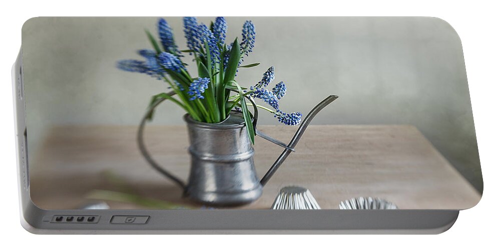 Metal Portable Battery Charger featuring the photograph Still life with grape hyacinths by Nailia Schwarz