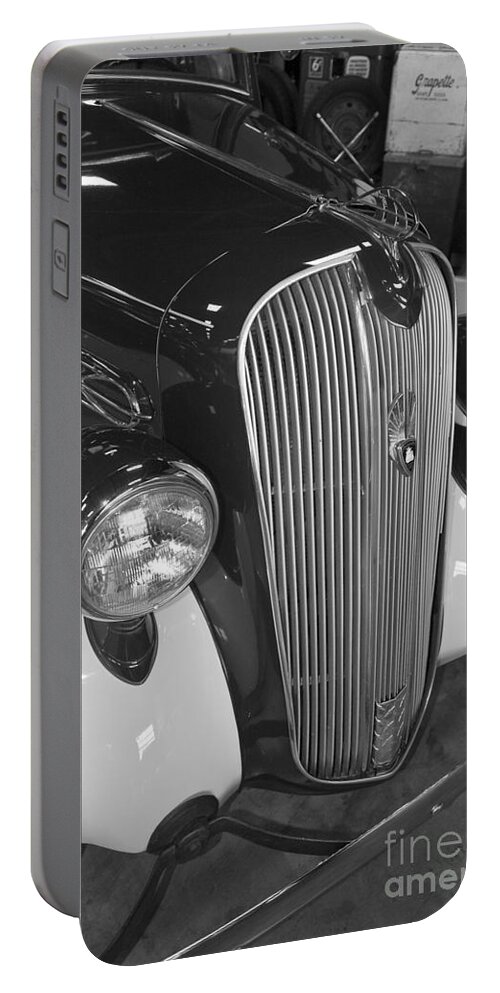 1936 Portable Battery Charger featuring the photograph 36 Plymouth Front BW by Tim Mulina