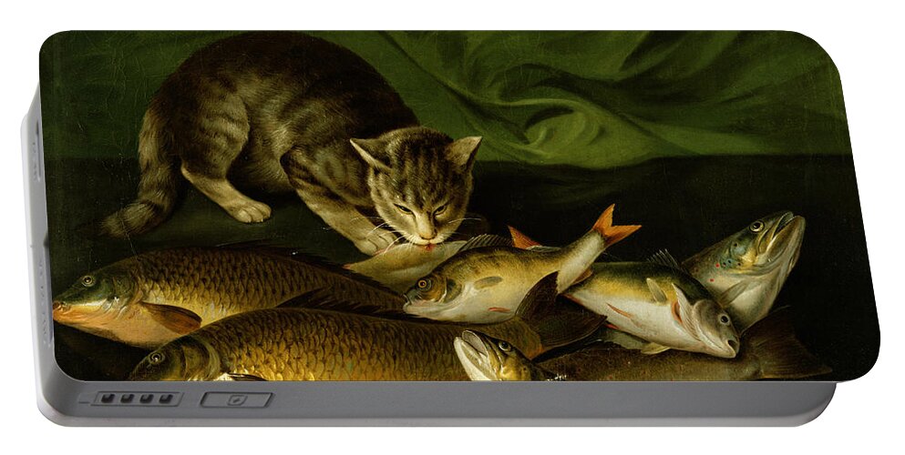 Fish Portable Battery Charger featuring the painting A Cat with Trout Perch and Carp on a Ledge by Stephen Elmer by Stephen Elmer