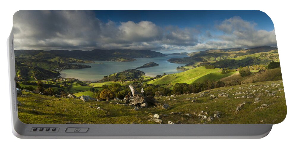 00462437 Portable Battery Charger featuring the photograph Akaroa Scenic Banks Peninsula by Colin Monteath