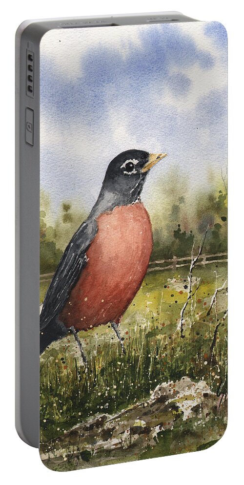 Bird Portable Battery Charger featuring the painting American Robin by Sam Sidders