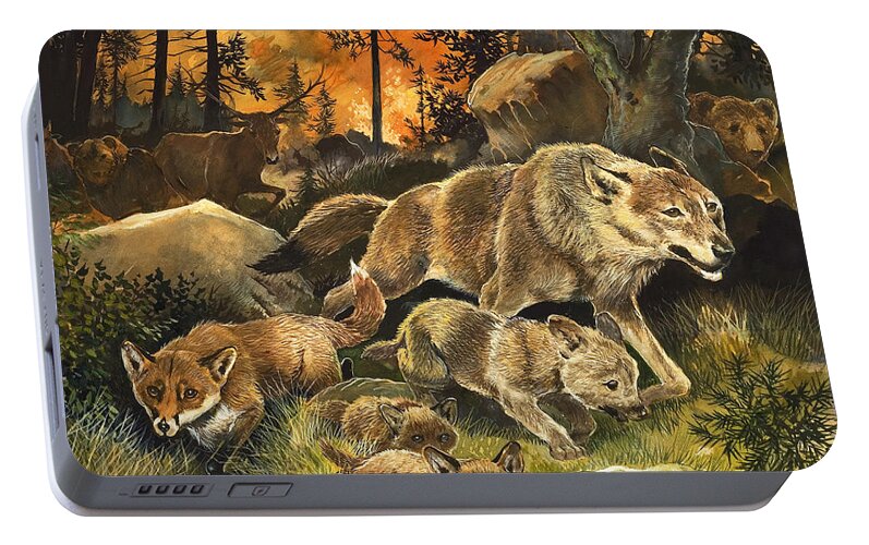 Animals United in Terror as They Flee from a Forest Fire Portable Battery  Charger by G W Backhouse - Pixels