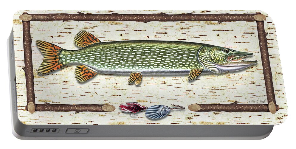 Pike Portable Battery Charger featuring the painting Antique Birch Pike and Lure by JQ Licensing