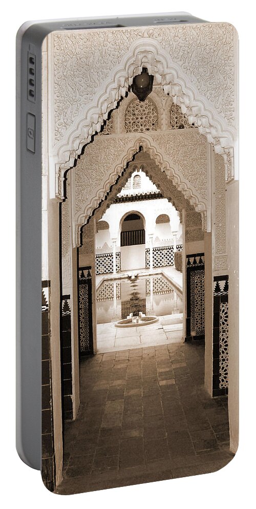 Sepia Portable Battery Charger featuring the photograph Archways in Spanish Pueblo by Donna Corless