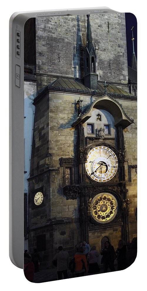 Old Town Hall Clock Tower Portable Battery Charger featuring the photograph Astronomical Clock at Night by Sally Weigand