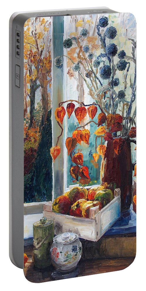 Still Life Portable Battery Charger featuring the painting Autumn At The Kitchen Window by Barbara Pommerenke