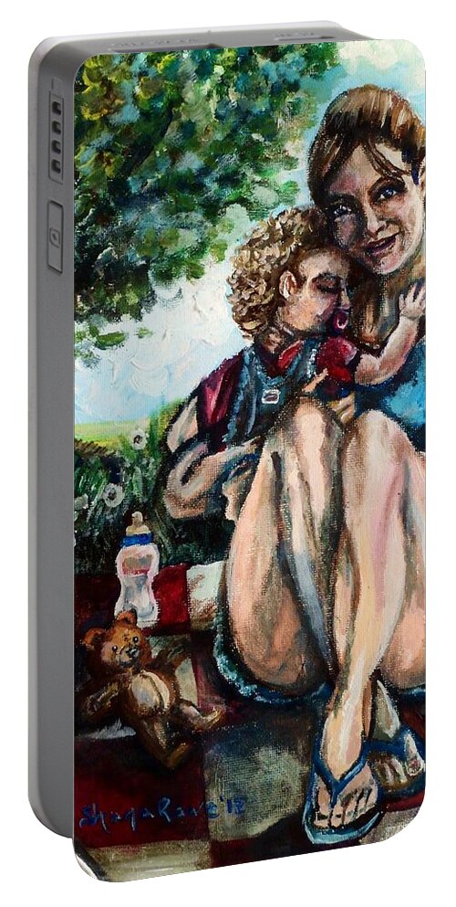 Mom Portable Battery Charger featuring the painting Baby's First Picnic by Shana Rowe Jackson
